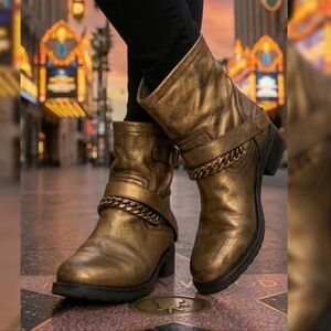 Gold Chain-Embellished Italian Leather Ankle Boots EUC